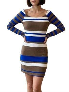 Y2K Rubber Ducky Color Block Striped Long-Sleeve Bodycon Mini Dress Womens S